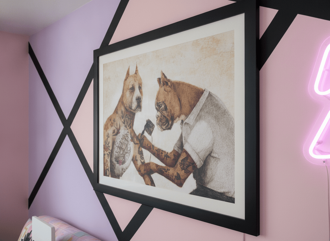 Bold wall art styled in a colourful, eclectic modern home