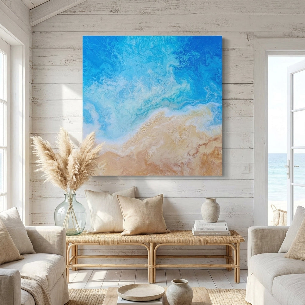 Stretched canvas wall art styled in a sunny coastal beach house