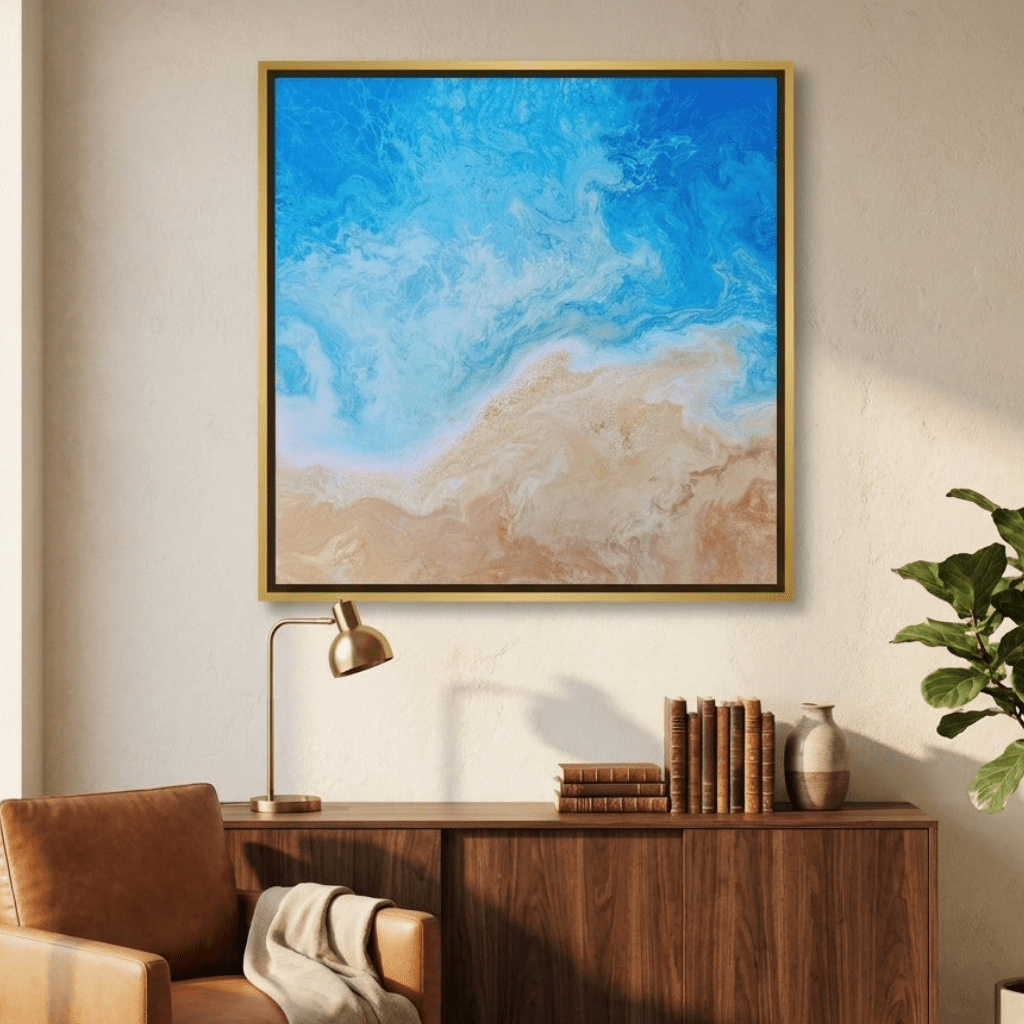 Canvas wall art with a gold leaf surround styled in a bright modern office
