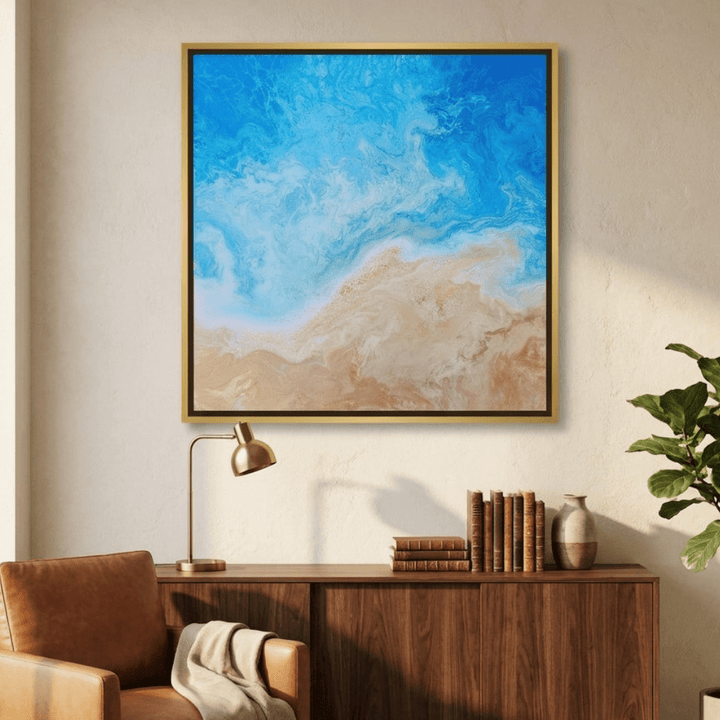 Canvas wall art with a gold leaf surround styled in a bright modern office