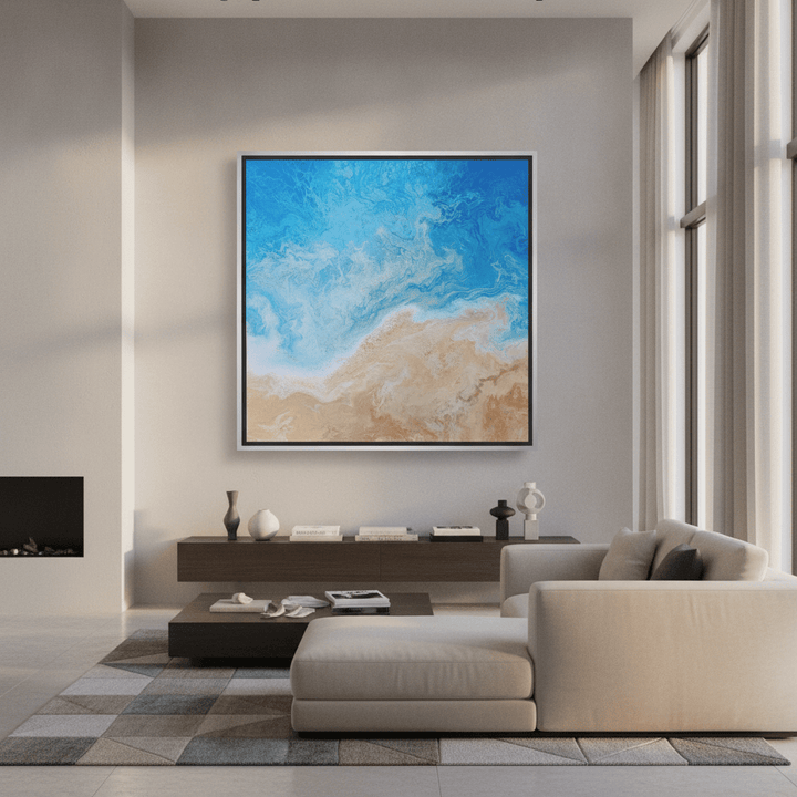 Oversized statement canvas wall art with a silver leaf surround styled in a luxe interior