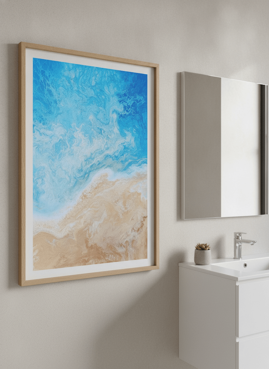 Modern print displayed in a clean minimalist bathroom setting