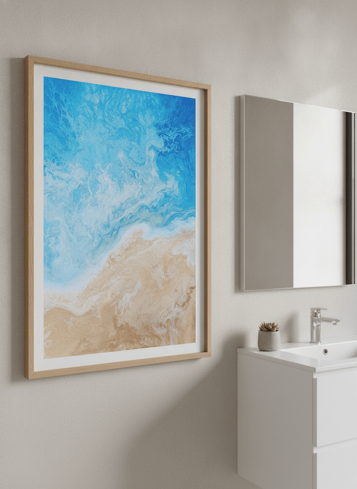 Modern print displayed in a clean minimalist bathroom setting