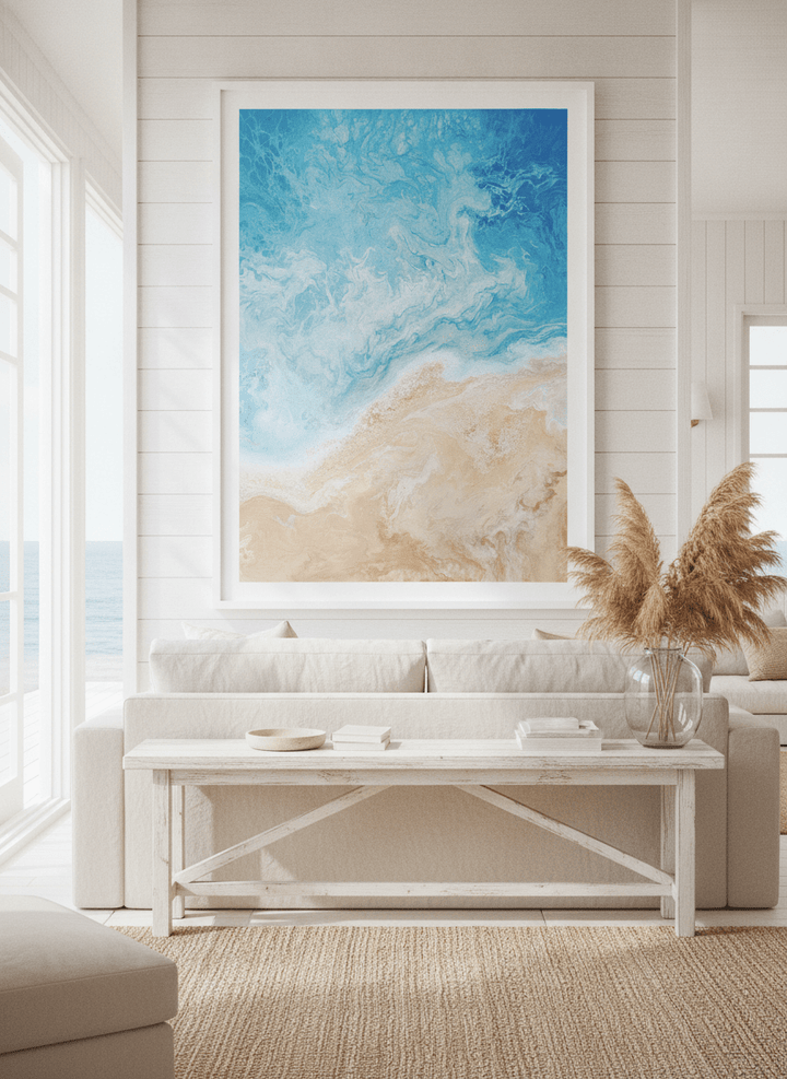 Neutral wall art displayed in a sunny coastal beach house