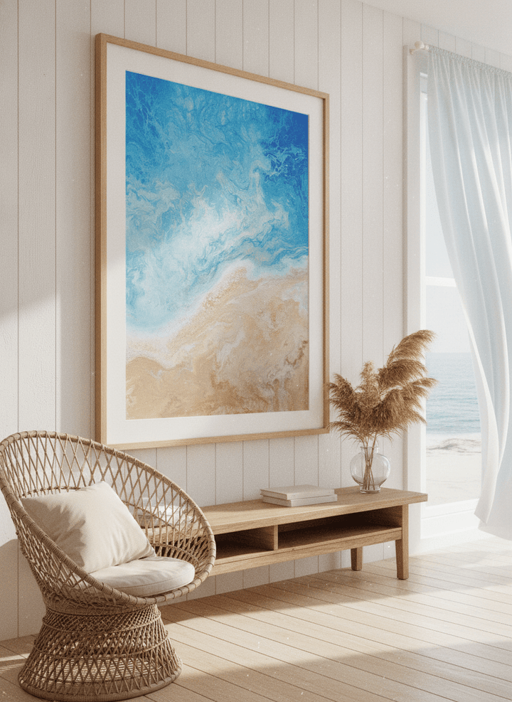 Neutral wall art displayed in a sunny coastal beach house