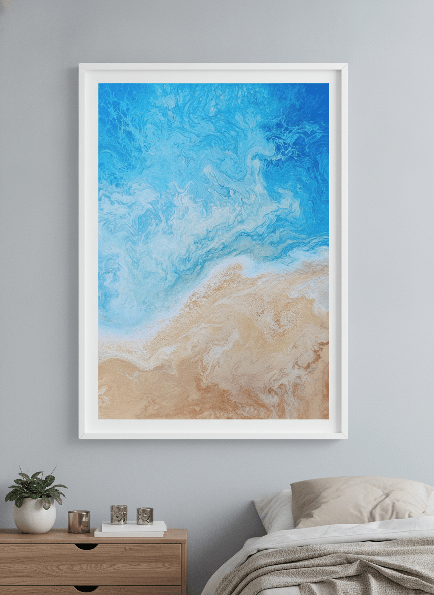 Minimalist artwork displayed in a calm, light-filled bedroom interior
