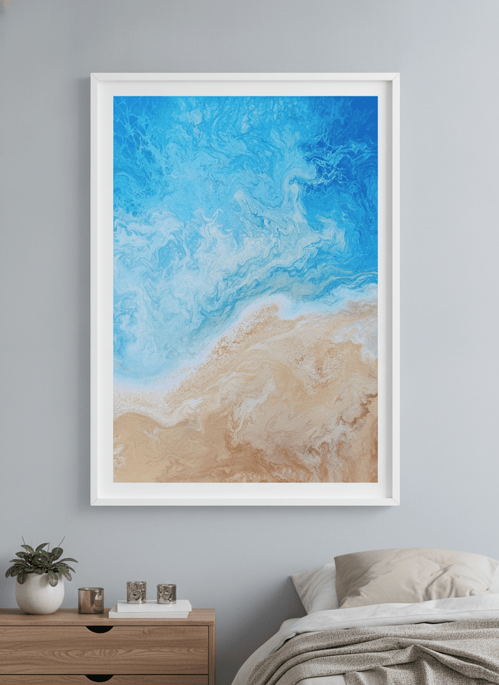 Minimalist artwork displayed in a calm, light-filled bedroom interior