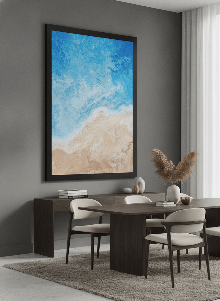 Monumental artwork centred on a feature wall in a luxe interior