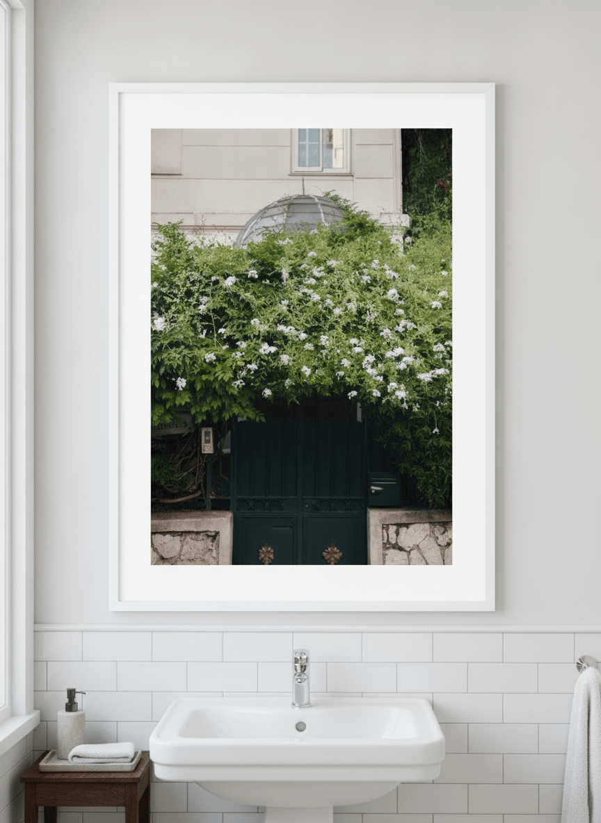 Modern print displayed in a clean minimalist bathroom setting