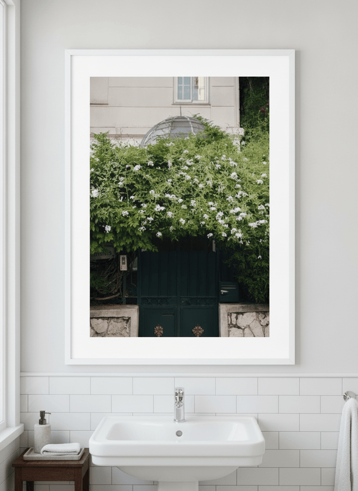 Modern print displayed in a clean minimalist bathroom setting