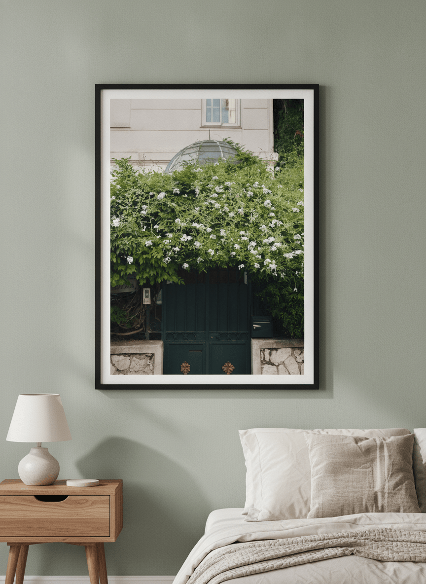 Minimalist artwork displayed in a calm, light-filled bedroom interior
