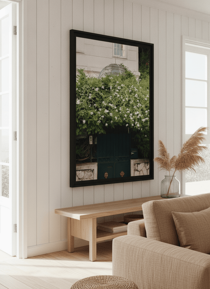 Neutral wall art displayed in a sunny coastal beach house
