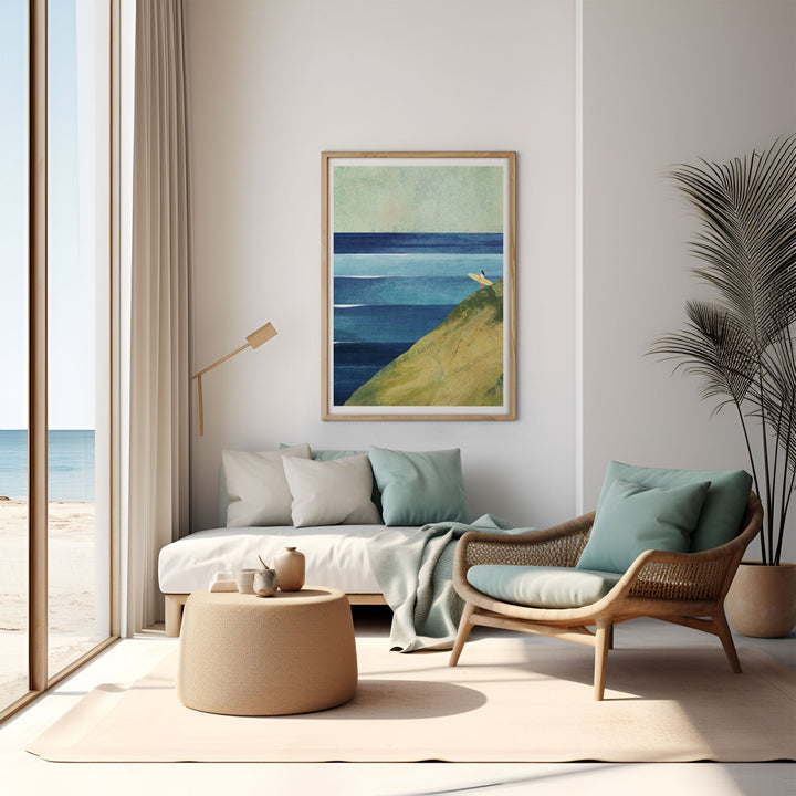 Modern living room with a beach-themed painting, sofa, and armchair.