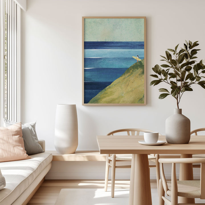 Modern living room with a painting of a landscape, a sofa, and a dining table.