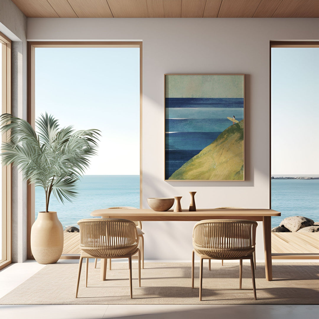 Modern dining room with ocean view, wooden table, and chairs.