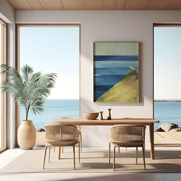 Modern dining room with ocean view, wooden table, and chairs.