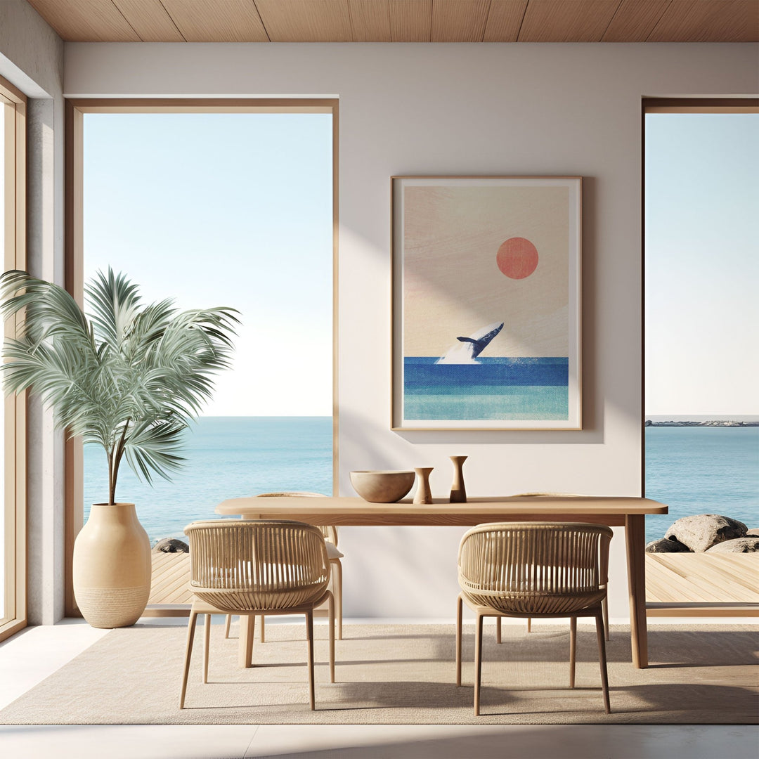 Modern dining room with ocean view, wooden table, and chairs.