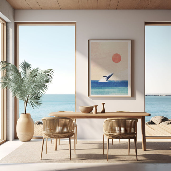 Modern dining room with ocean view, wooden table, and chairs.