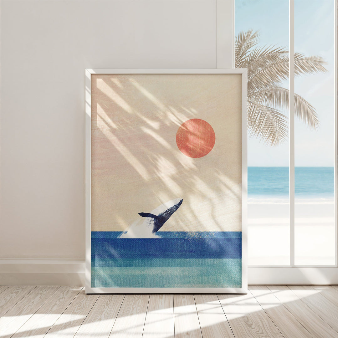 Artwork of a whale and sun over water with palm tree in the background