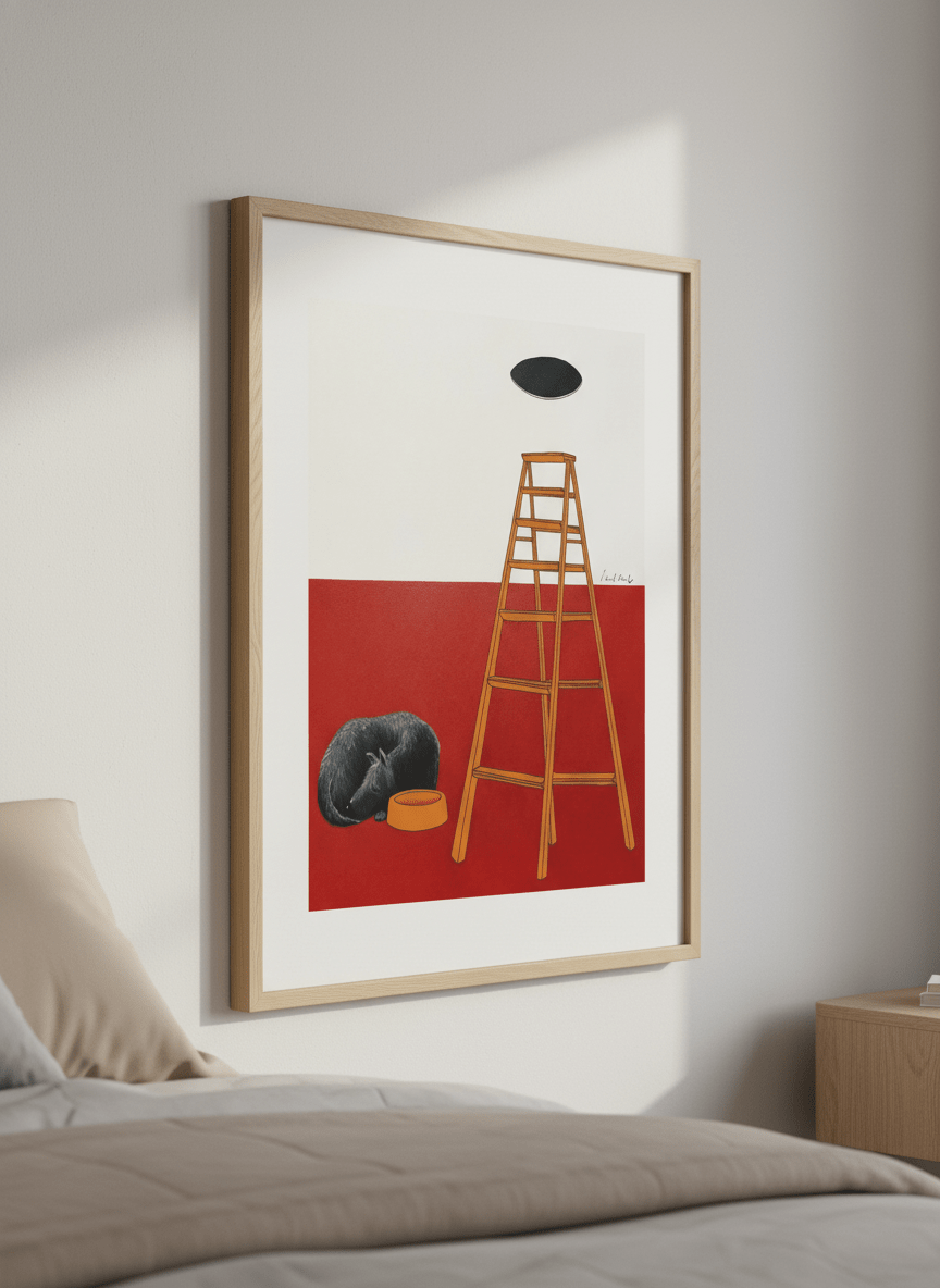 Minimalist artwork displayed in a calm, light-filled bedroom interior