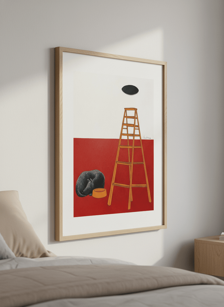 Minimalist artwork displayed in a calm, light-filled bedroom interior