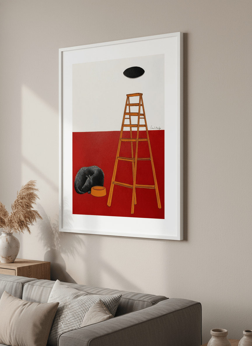 Modern wall art styled above a sofa in a neutral living room