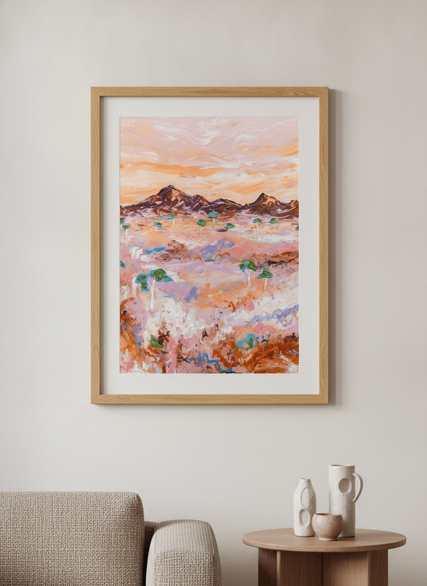 Modern wall art styled above a sofa in a neutral living room