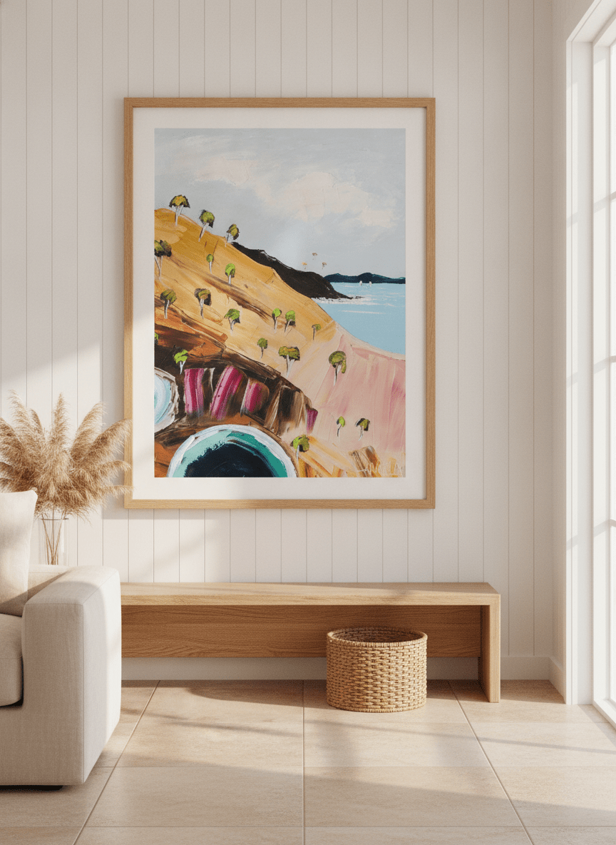 Neutral wall art displayed in a sunny coastal beach house