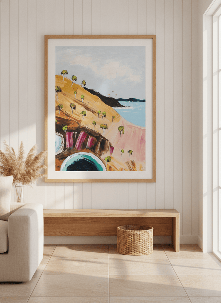 Neutral wall art displayed in a sunny coastal beach house