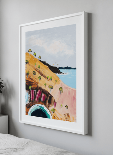 Minimalist artwork displayed in a calm, light-filled bedroom interior