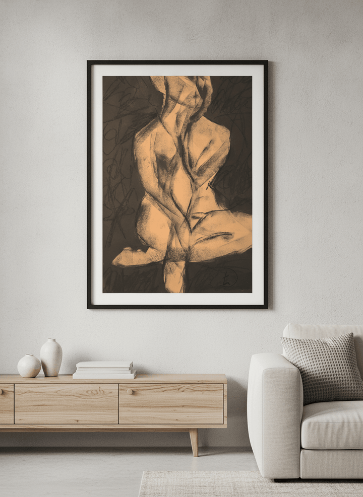 Modern wall art styled above a sofa in a neutral living room
