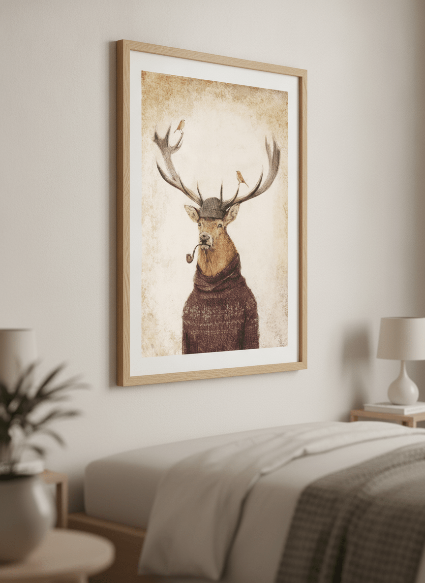 Minimalist artwork displayed in a calm, light-filled bedroom interior