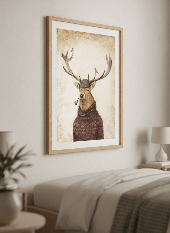 Minimalist artwork displayed in a calm, light-filled bedroom interior