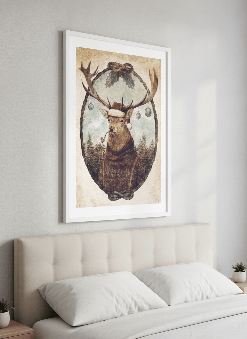 Minimalist artwork displayed in a calm, light-filled bedroom interior