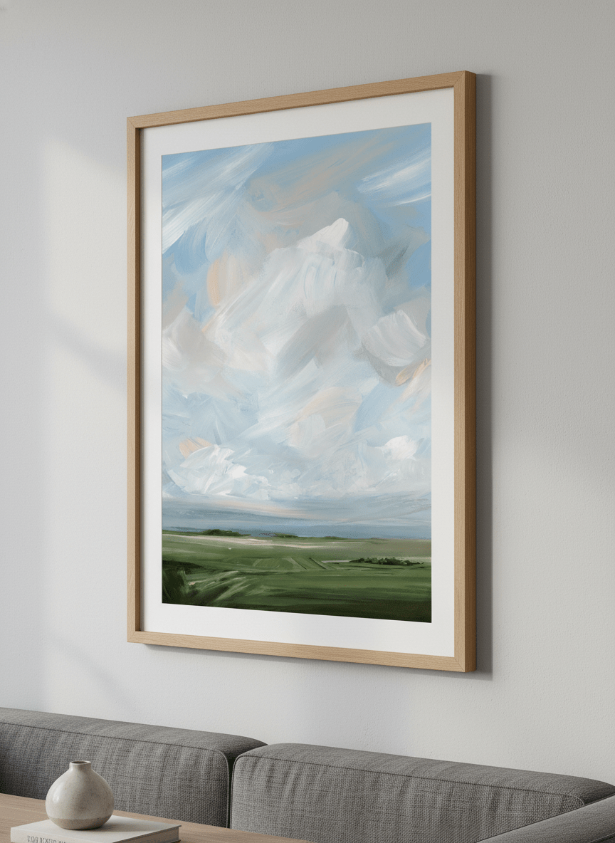 Modern wall art styled above a sofa in a neutral living room