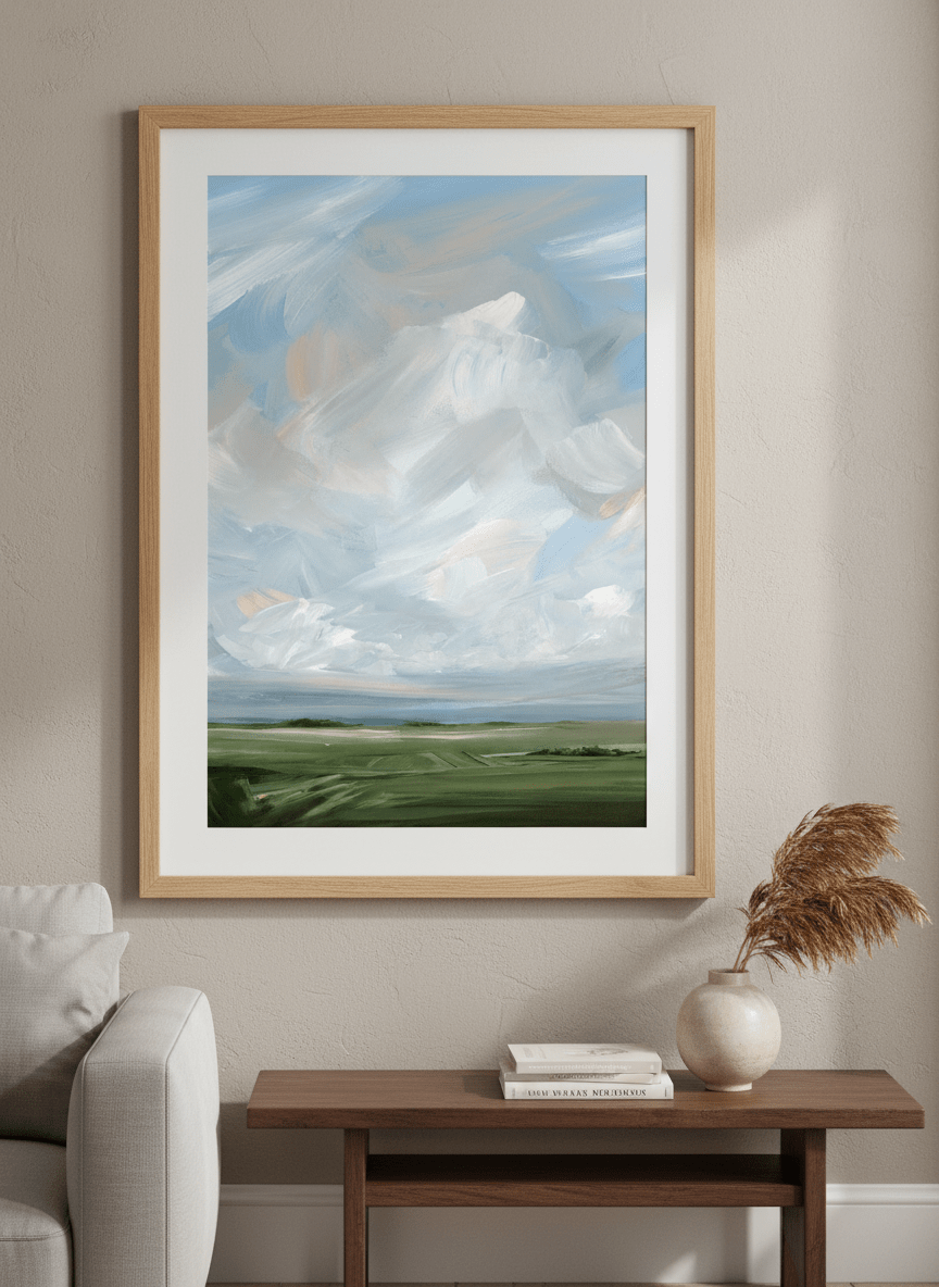 Modern wall art styled above a sofa in a neutral living room