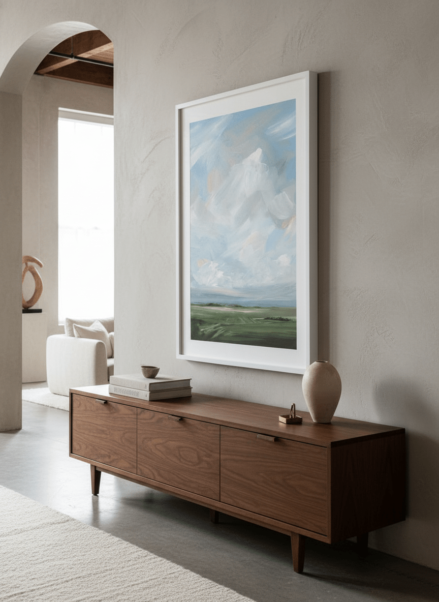 Monumental artwork centred on a feature wall in a luxe interior