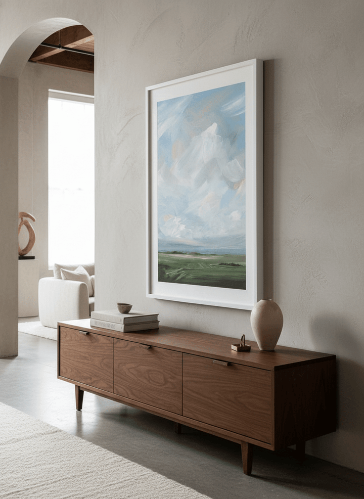 Monumental artwork centred on a feature wall in a luxe interior