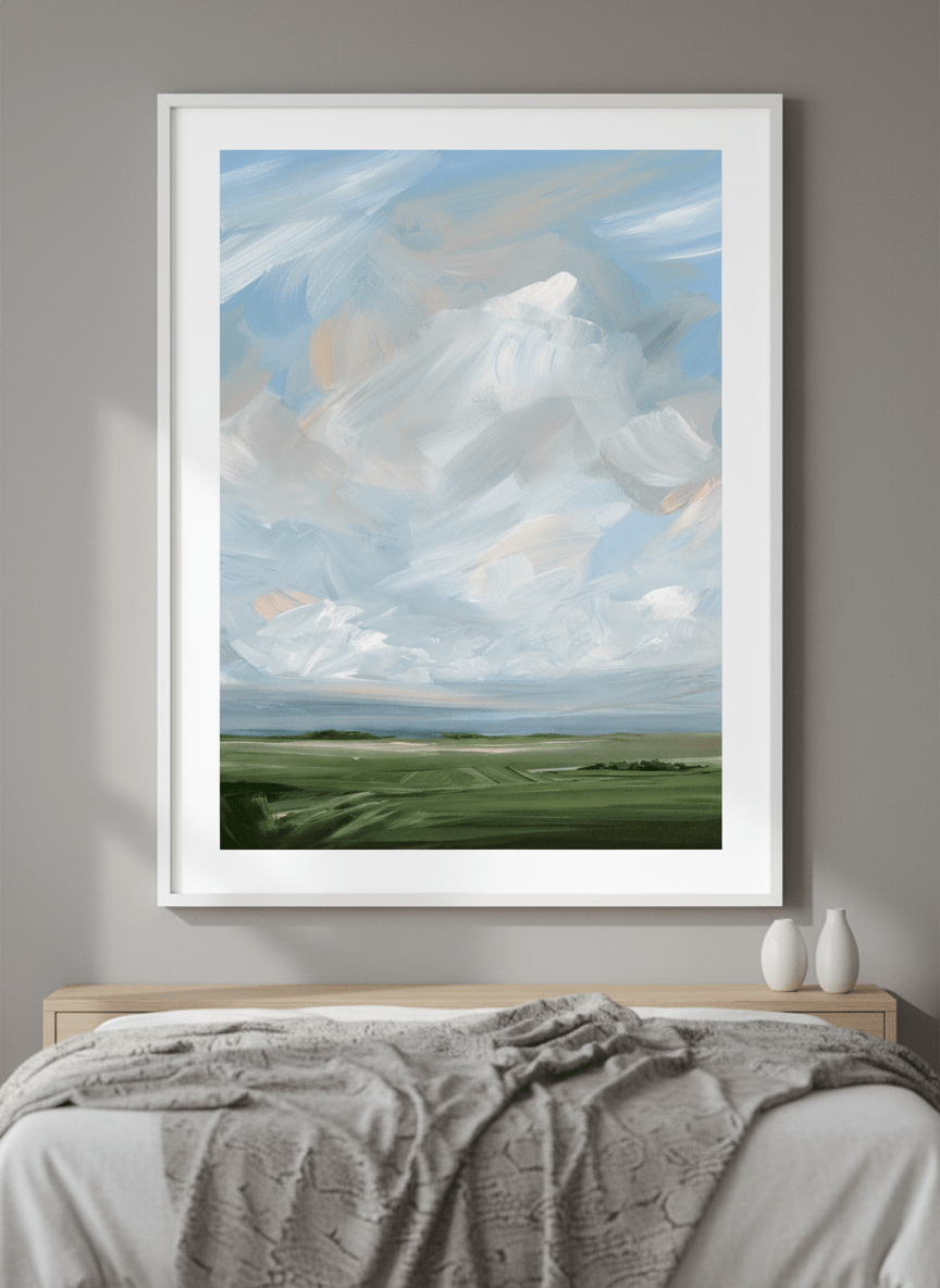 Minimalist artwork displayed in a calm, light-filled bedroom interior