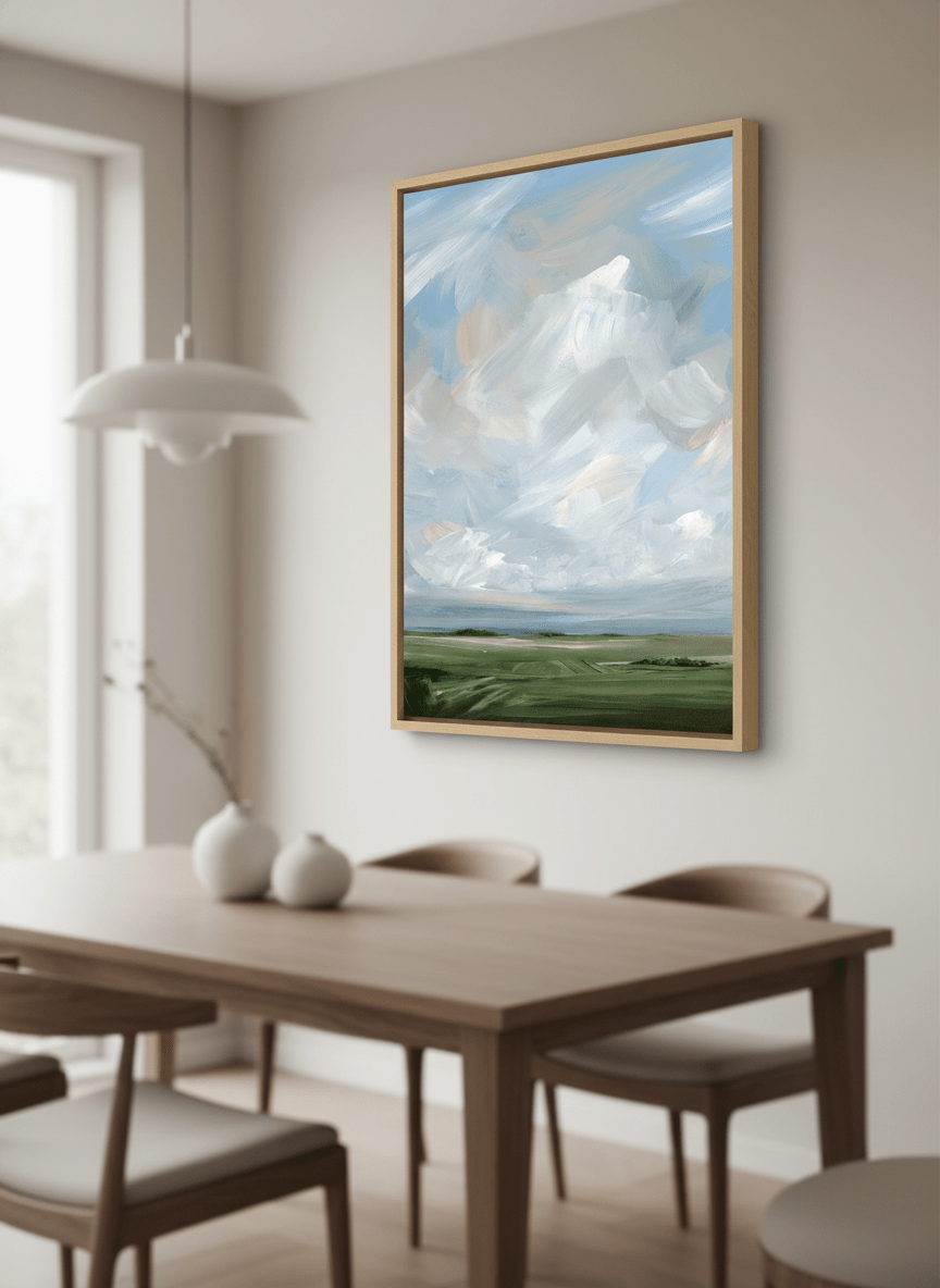 Wall art styled above a dining table in a contemporary home