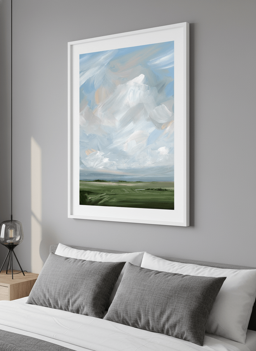 Minimalist artwork displayed in a calm, light-filled bedroom interior
