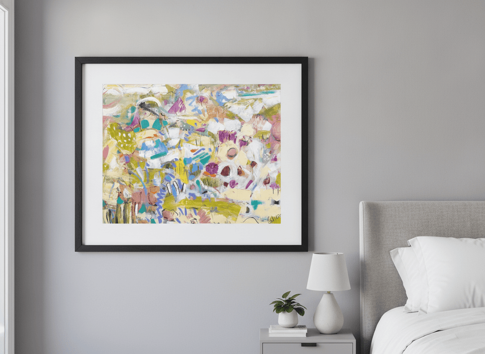 Minimalist artwork displayed in a calm, light-filled bedroom interior