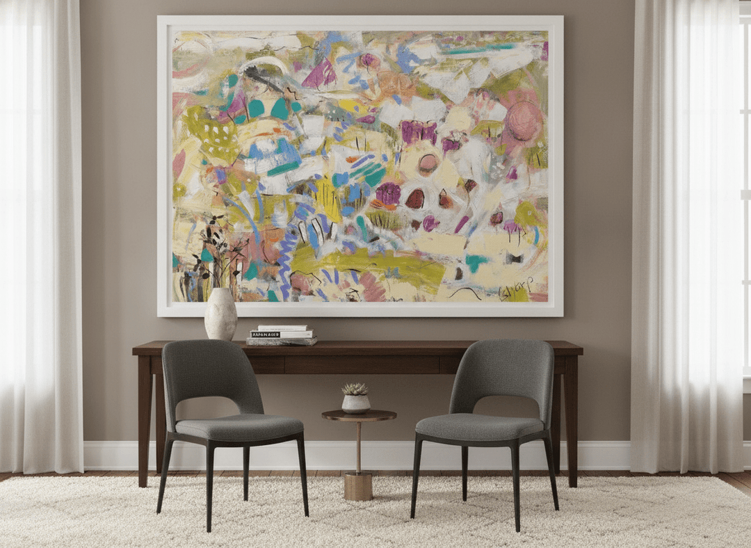 Monumental artwork centred on a feature wall in a luxe interior