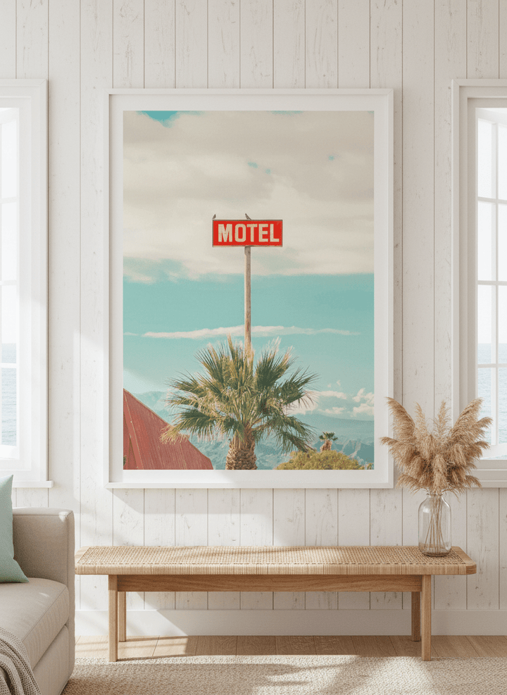Neutral wall art displayed in a sunny coastal beach house