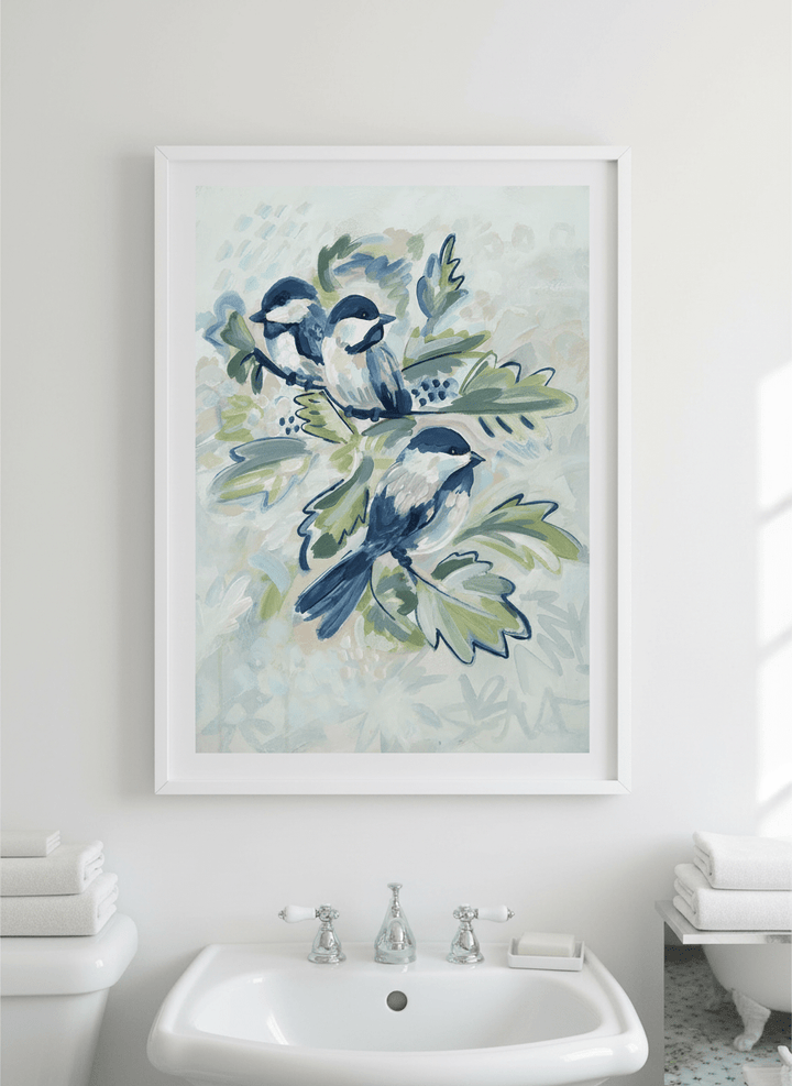 Modern print displayed in a clean minimalist bathroom setting