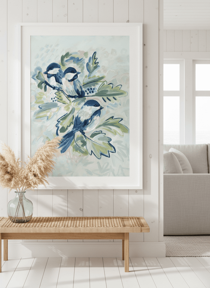 Neutral wall art displayed in a sunny coastal beach house