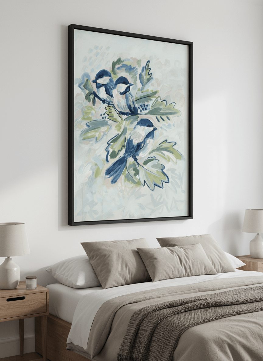 Minimalist artwork displayed in a calm, light-filled bedroom interior