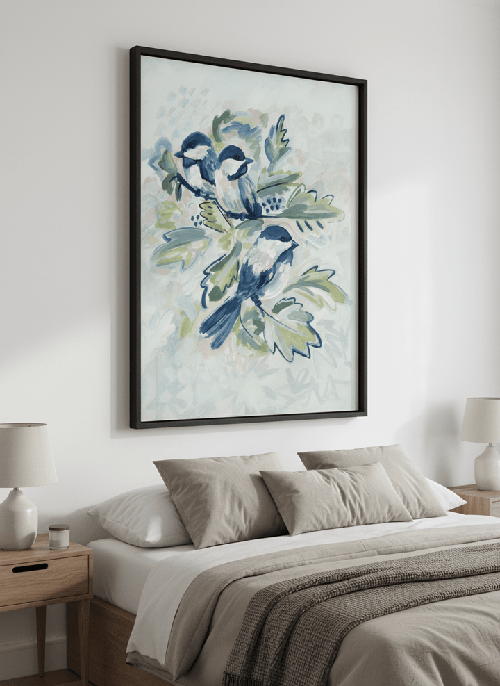 Minimalist artwork displayed in a calm, light-filled bedroom interior