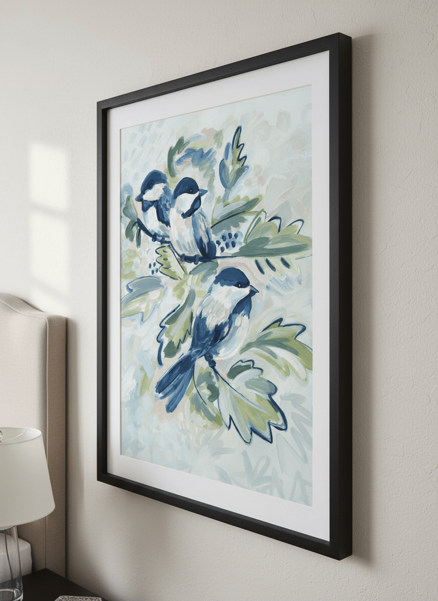 Minimalist artwork displayed in a calm, light-filled bedroom interior