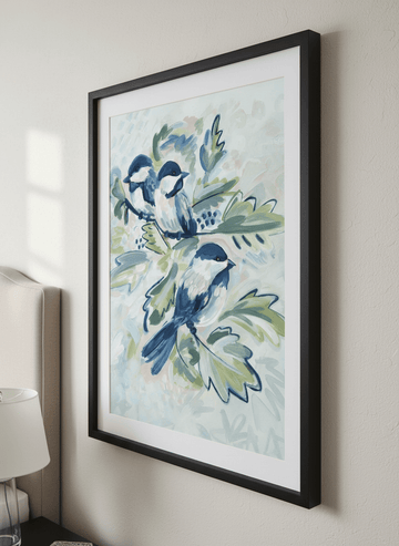 Minimalist artwork displayed in a calm, light-filled bedroom interior